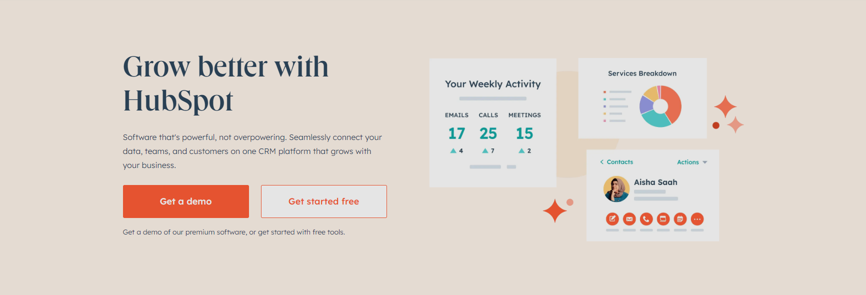 CRM platform HubSpot provides an enticing call-to-action in their headline, as well as clear buttons to encourage users to take the next step.